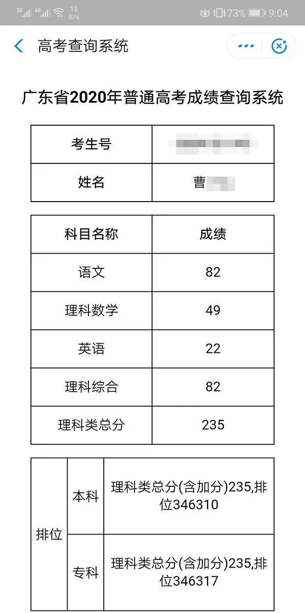 從高考查詢系統來看，這名曹姓考生考了235分，與清華大學錄取分數相差甚遠。   圖：翻攝自環球網