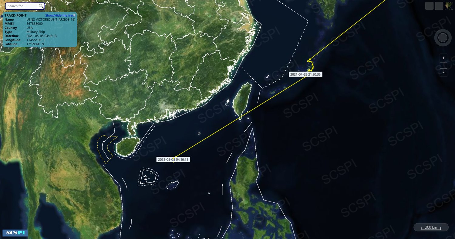 美軍「勝利號」海洋監視船(USNS Victorious，T-AGOS-19)航跡圖。   圖：翻攝南海戰略態勢感知計畫推特