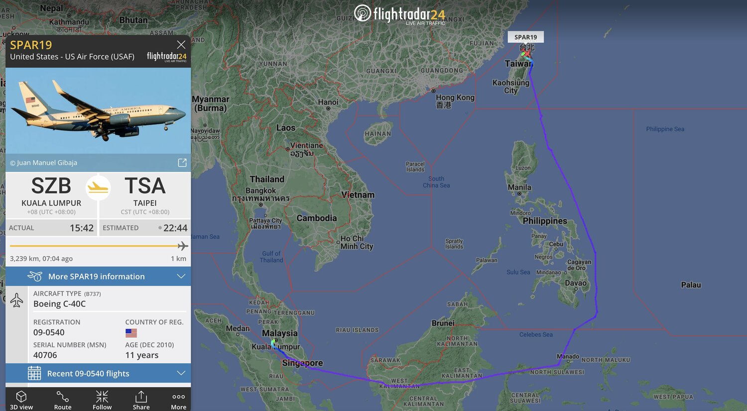 Flightradar24指出，有至少 292 萬用戶追蹤了裴洛西座機至少其中一段的飛行動向。   圖：翻攝自Flightradar24推特