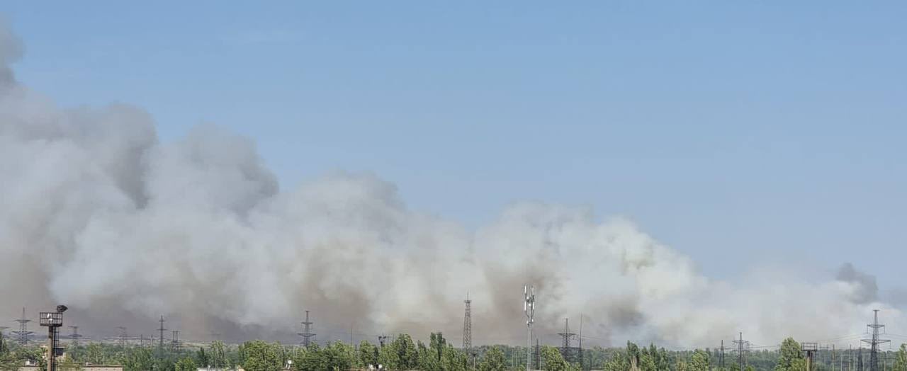 民眾拍下扎波羅熱（Zaporizhzhia）核電廠周圍地區，因俄羅斯的攻擊而產生森林大火。   圖: 翻攝自@B__ANASTASIYA 推特